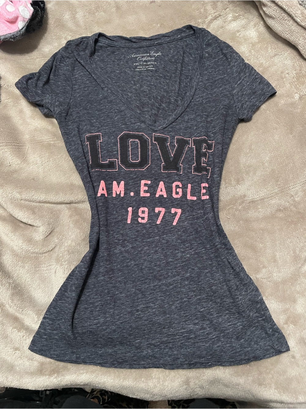 American Eagle Outfitters Navy Graphic 'LOVE 1977' Tee with Pink Accents
